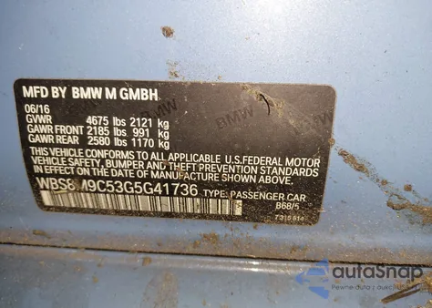 2016 BMW M3 z USA, uszkodzony, nr VIN WBS8M9C53G5G41736